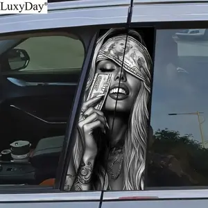 2 Pieces Money Girl Car Sticker, Vinyl, Matte, Easy to Paste, No Glue, B-pillar Sticker, Scratch Resistant and Waterproof, Self-Adhesive, Single Use, Fortune Design, Suitable for Plastic, Glass and Metal Surfaces, Car Decor, Graphic Decal