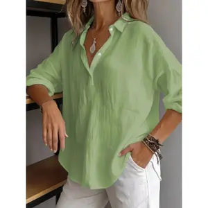 Elegant Classic Cotton Linen Button Front 3/4 Sleeve Shirt, Fashionable Daily Wear and Office, Plus Size Women's Blouse, Lady