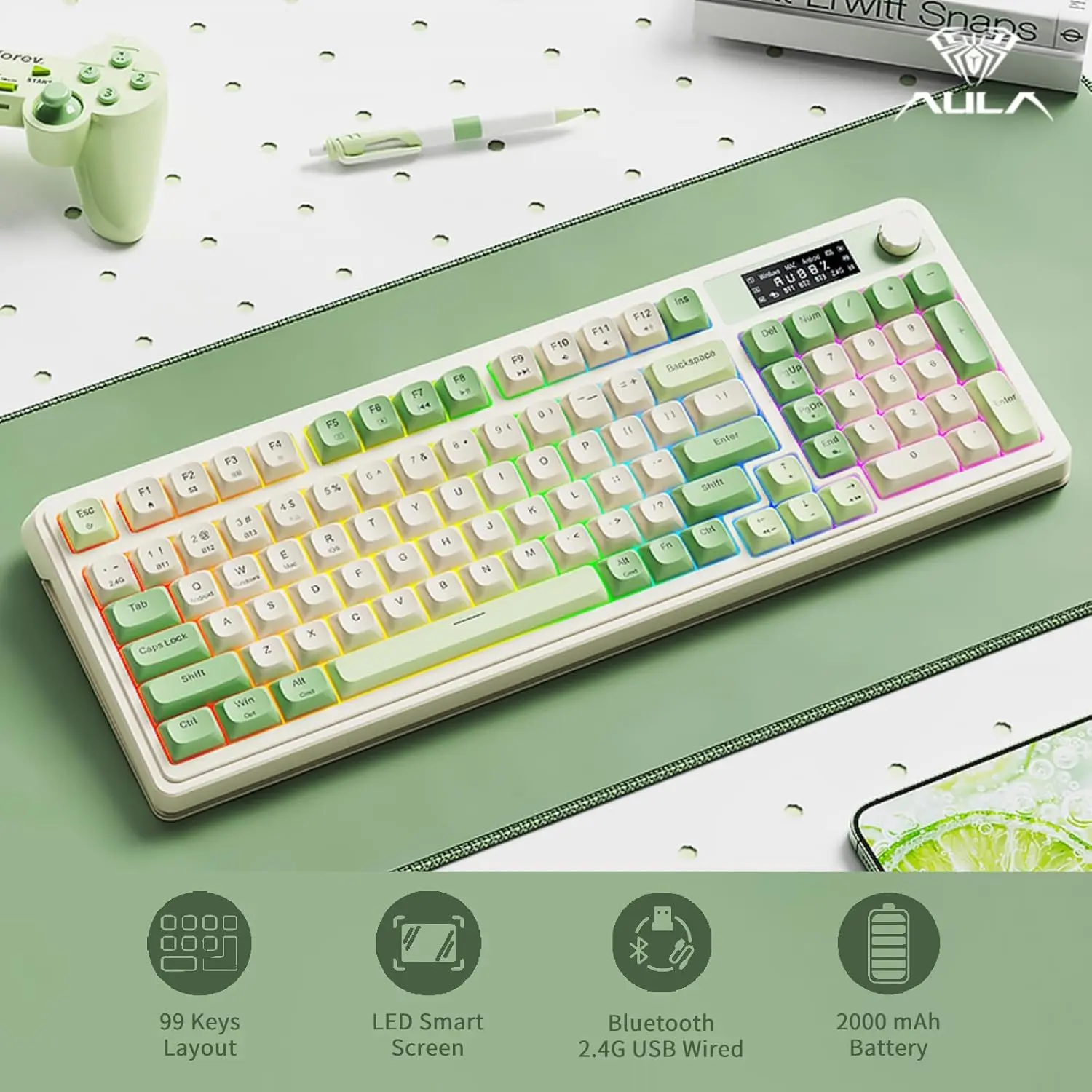 AULA S99 Pro Gaming Keyboard Tri-Mode Bluetooth 2.4GHz USB-C RGB Backlit Custom Mechanical Feel Media Knob Number Pad Cute Creamy Design for PC Mac Xbox S99 Keyboard Fixed Keycaps & Switches (Non-Replaceable)
