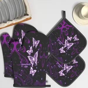 4pcs Heat Resistant Oven Mitts And Potholders Glowing Butterfly Violet Style Oven Mitts And Pot Holders Sets Suitable For Kitchen Decoration, Cooking, Grilling, Baking And Great Holiday Camping Picnics Gifts