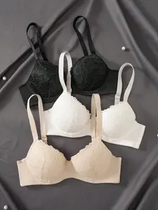 3pcs Solid Floral Lace Underwire Bra - Sexy Comfy Push Up Bra - For Women - Made With Lace & Underwire - Suitable For Everyday Wear & Special Occasions