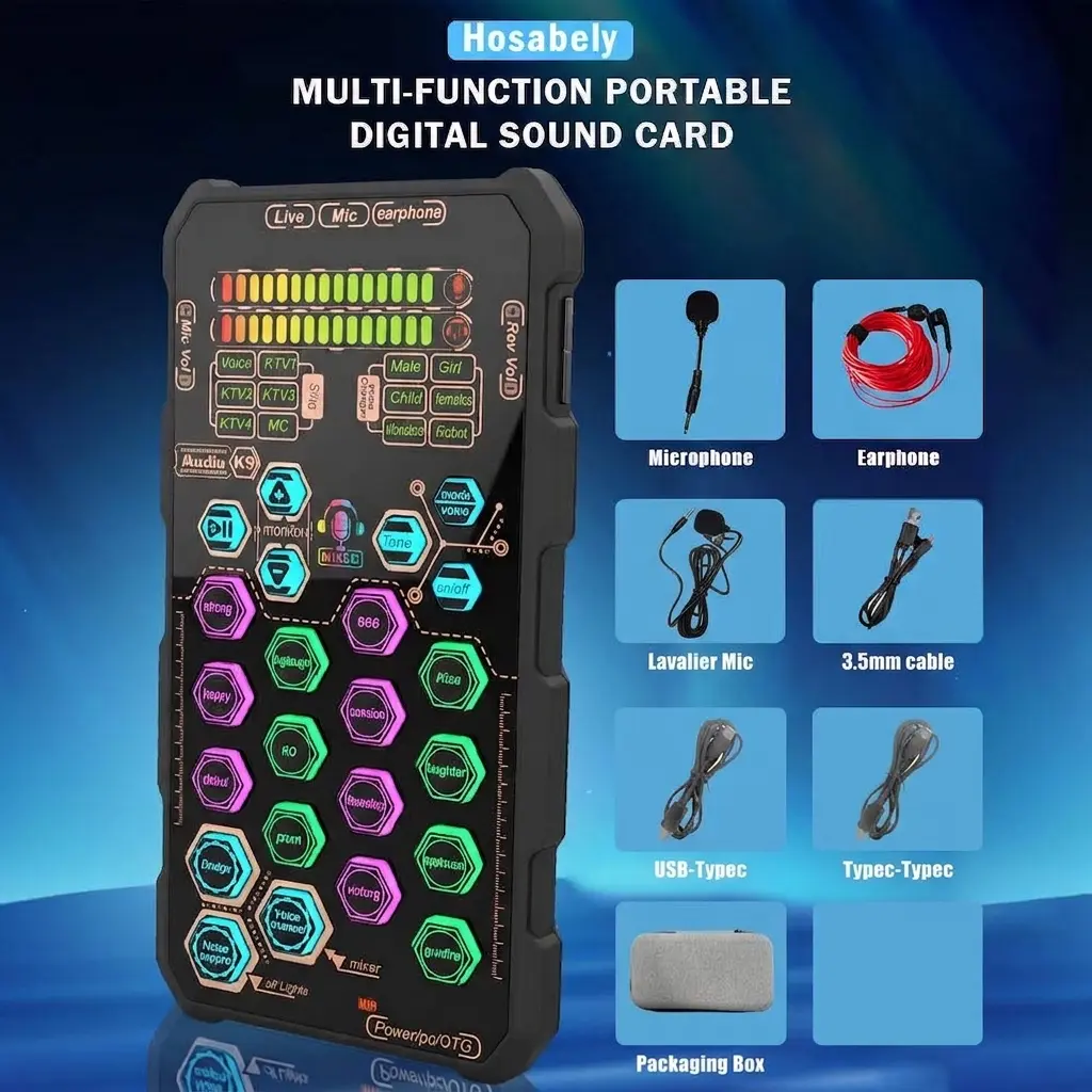 Hosabely SK9 Mini Handheld Voice Changer Digital Sound Card Set - Portable Mobile Audio Interface, DSP Noise Reduction Mic, Live Sound Card for Karaoke, Streaming, Dual-Device Compatible Phones/Laptops, 3 Preset Reverb Modes Smartphone