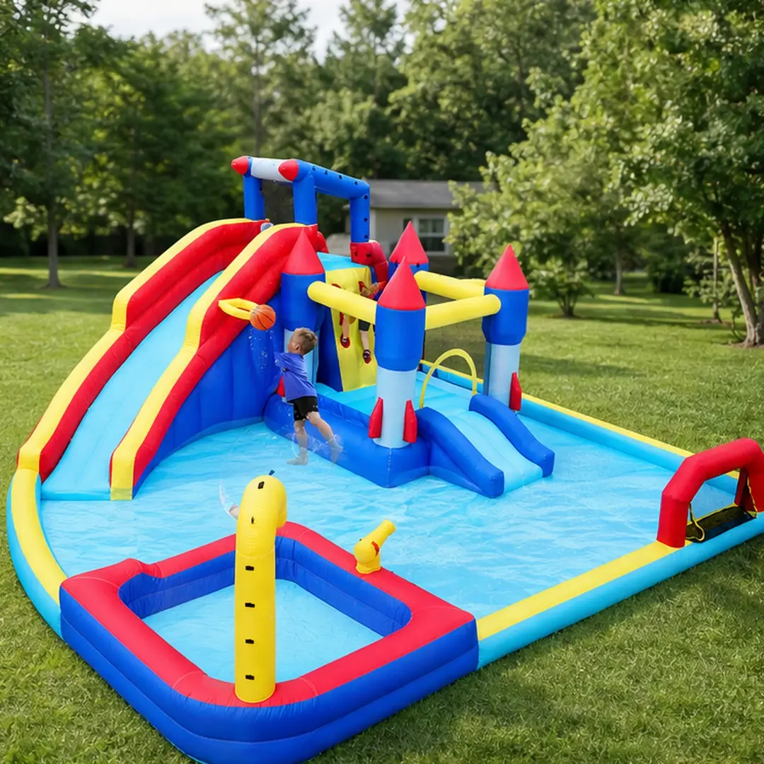 ARCH 10-in-1 Inflatable Water Park - Multicolor Oxford Fabric Bounce House, Family Play Center with Swim-Friendly Pools, Water Gun, Basketball Hoop, Climbing Wall, Soccer Goal, Automatic Shut Off, Built-In Temperature Control for Kids Backyard Fun, Inflat