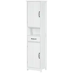 Modern Narrow Bathroom Cabinet – White. Open Shelf + Sliding Drawer + 2 Recessed Door Cabinets (Adjustable Shelves). 15.75" W x 11.75" D x 64.5" H. 44 lbs Cap