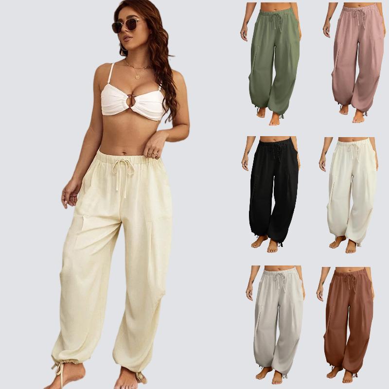 Women's Linen Barrel Harem Pants, Boho Flowy Wide Leg Beach Trousers, Casual Loose Drawstring Elastic Waist Pants with Side Pockets for Summer Vacation
