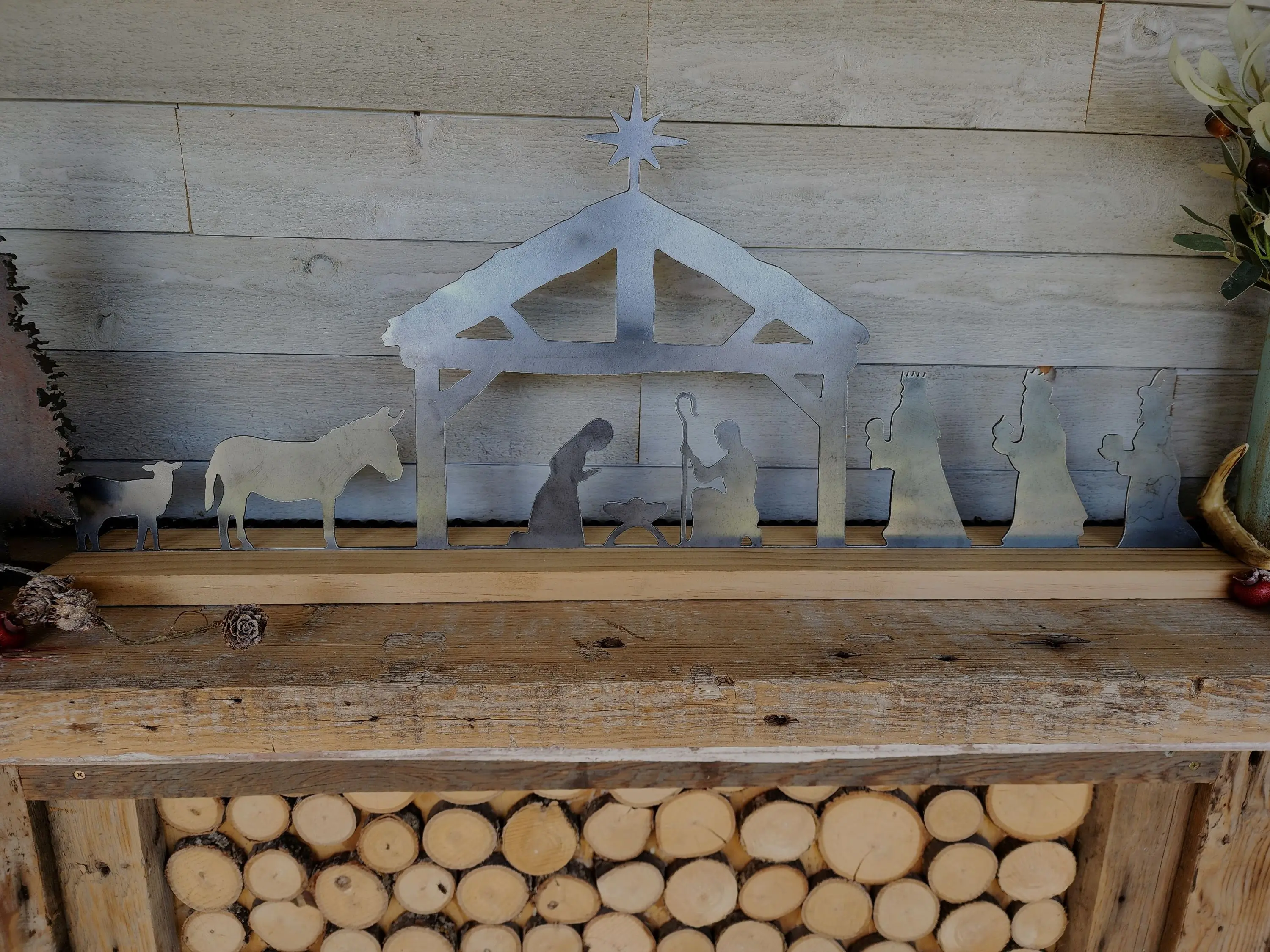Metal Nativity Scene, Nativity with wood base, Mantel Decorations, Christmas Table Centerpiece