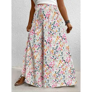 Plus Size Fully Printed Wide Leg Pants, Casual Comfortable High Waisted Summer Women’s Underwear GARMENTARY