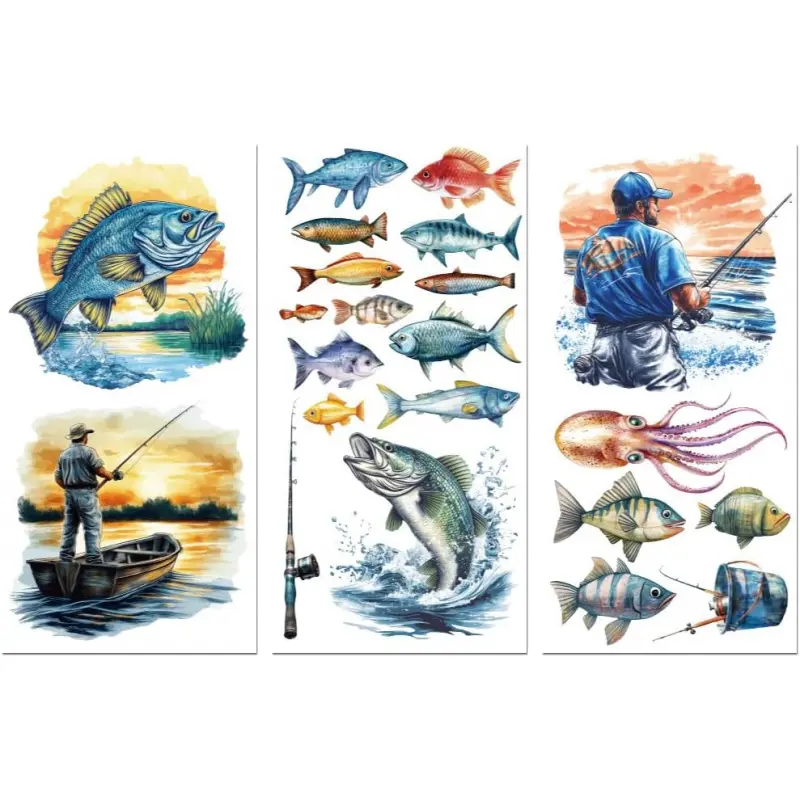 Rub on Transfer Sticker for Furniture Crafts Decor 6"x12" Fish and Angler, 3Pcs Waterproof UV DTF Transfer for Fishing Tackle Dresser Lingerie Chests Drawer Glass Porcelain Plastic