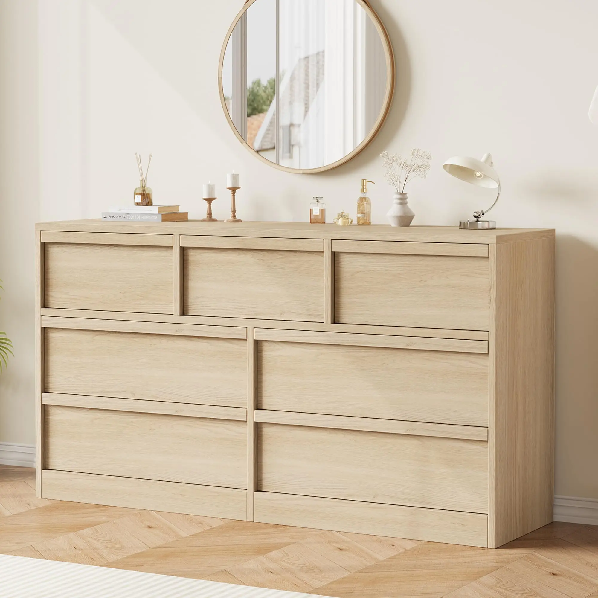7 Drawer Dresser for Bedroom, Wooden Double Dresser Organizer with Storage Freestanding, Modern Chest of Drawers for Bedroom, Living Room, Nursery - Natural