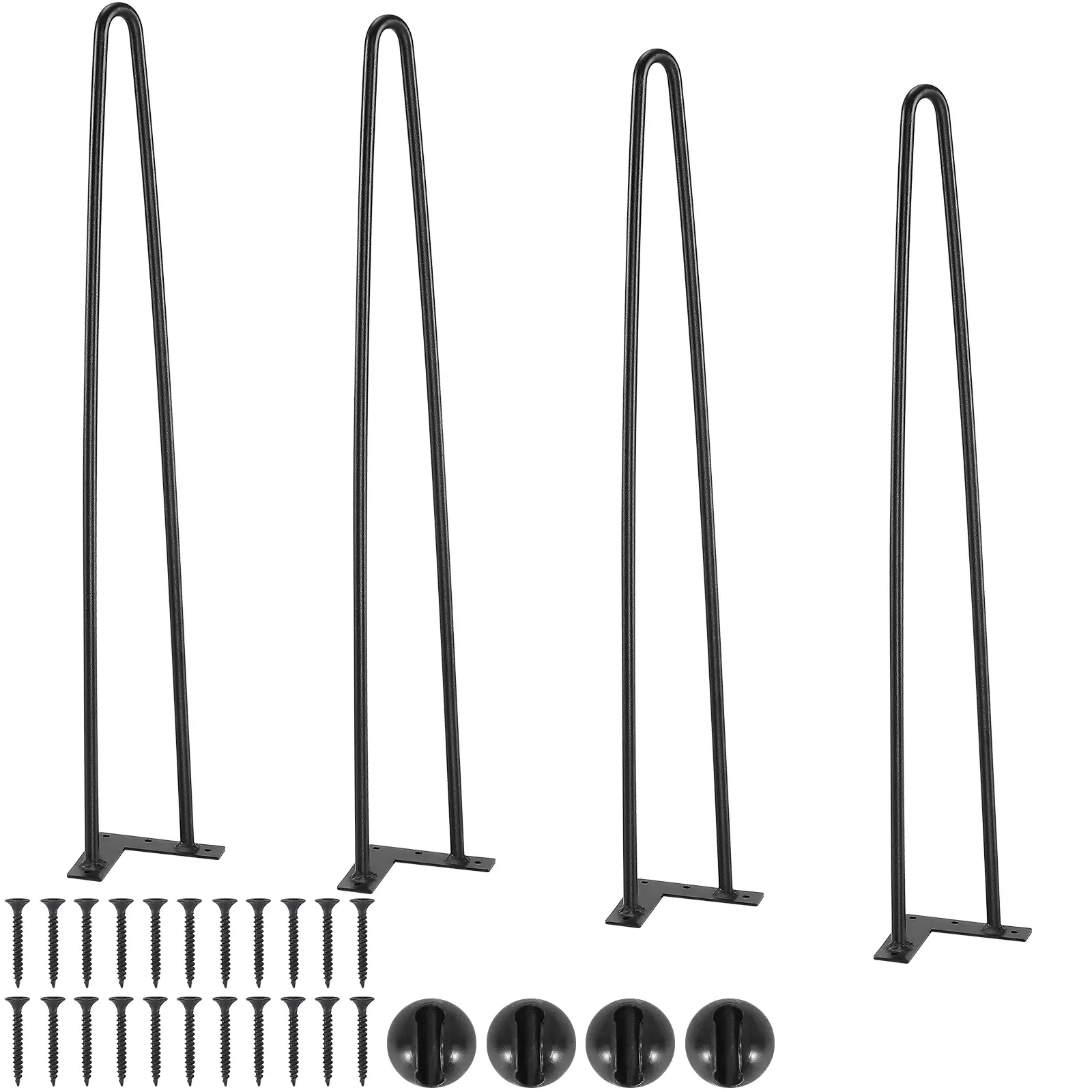 VEVOR 4PCS 28-Inch Heavy-Duty Solid Steel Hair Pin Furniture Leg Parts, Black, 500lbs Load Capacity, Welded Plate, Rubber Floor Protectors, Hardware, Rust Resistant for Nightstand, Coffee Table DIY Projects