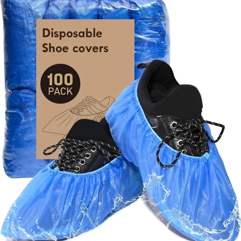 “100 Pack (50 Pairs) Disposable Shoe Covers – Non-Slip Waterproof Boot Covers with Compact Roll for Easy Storage, Plastic Shoe Protectors for Indoor Cleaning & Home Use”