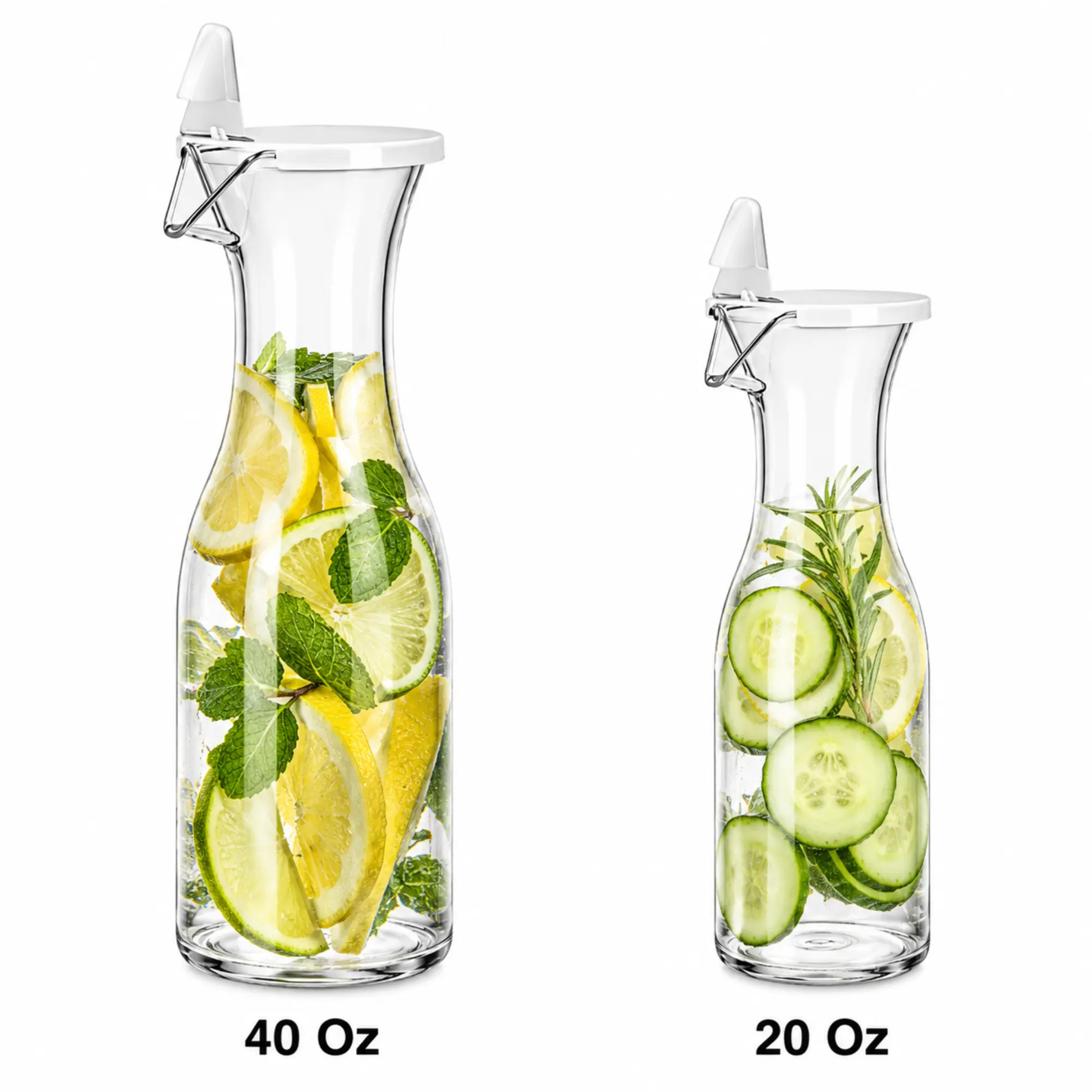 VeZee Carafe Juice Jar Beverage Decanter Acrylic Plastic, 40oz, 20oz Clear Water Pitcher with Flip-Top Lid, Leakproof Drink Container for Juice, Water, Iced Tea, Milk, Wine, Refrigerator & Kitchen Use