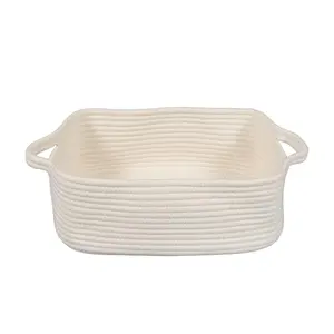 Woven Cotton Rope Storage Basket with Handles for Organizing Shelves Closet Small   Pet  Baskets Box Bin Decorative Rectangle   basket  basket Empty(white)