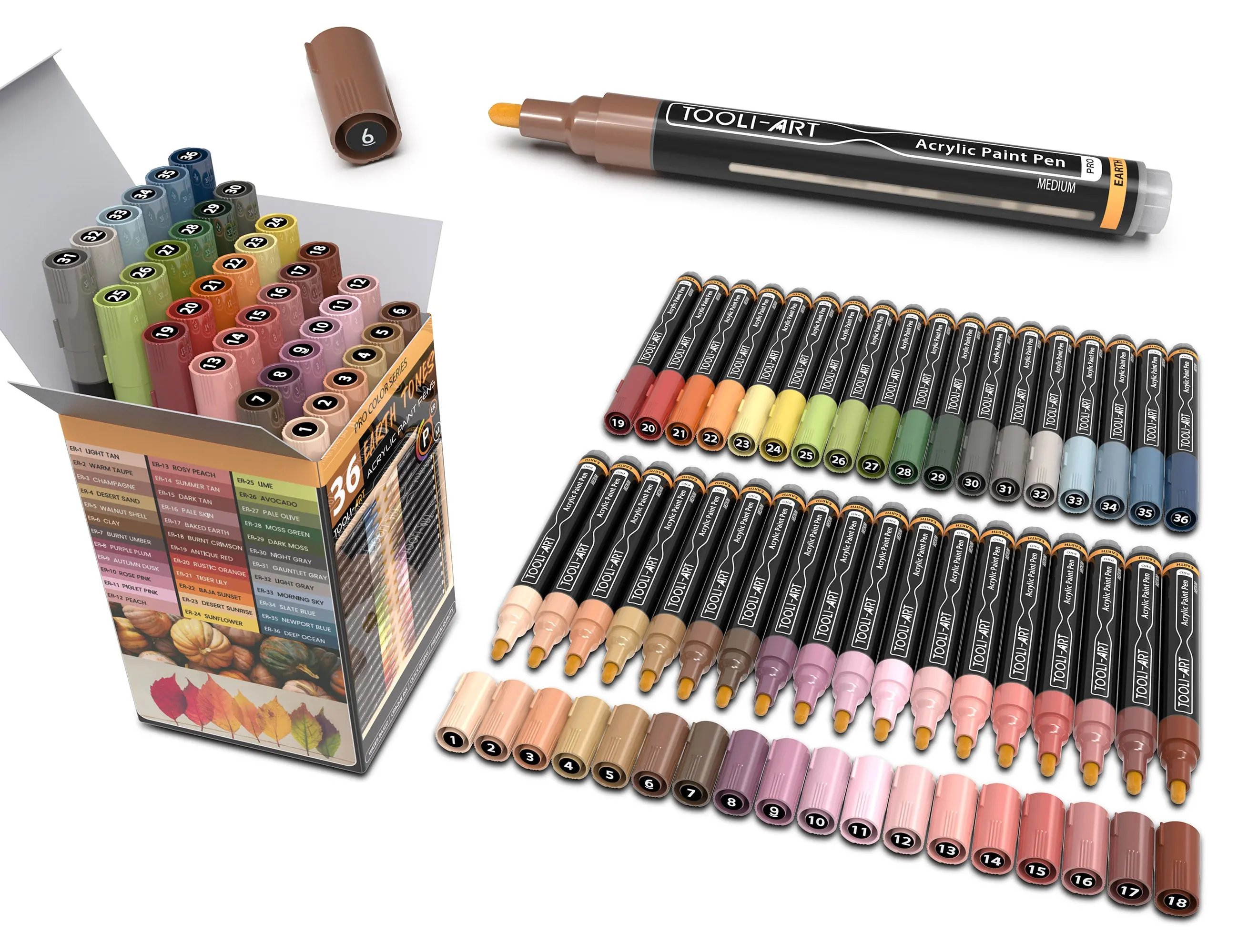 36 Acrylic Paint Pens Earth Tones (Pro Color Series Marker Set) (3mm MEDIUM)