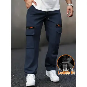 Men's multi pocket zipper workwear, leg binding casual pants Large size loose straight leg drawstring elastic waist sports work pants Outdoor military style multi colored workwear and ankle pants