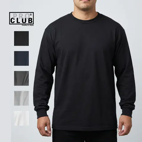 Pro Club Men's Heavyweight Cotton Long Sleeve T-Shirt Plain PRO CLUB Crew Neck Casual  Fit Plain