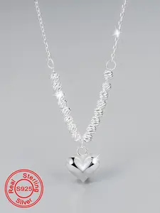 925 Sterling Silver Heart Shaped Pendant Necklace for Women & Girls, Fashion Jewelry for Party, Daily Decor, Trendy All-match & Exquisite Jewelry for Birthday Gift, Puffy Heart Pendant