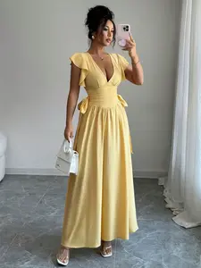 Women's Vintage V Neck Casual Long Dress, Bow Waist Belt, Flowy Sleeves, Solid Color, Perfect for Office, Beach, Music Festivals