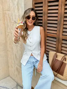 Sweet Sporty Light White Waist-Cinched Sleeveless Buttoned Athleisure Vest Minimalist Luxury Sporty Light White Waist-Cinched Sleeveless Stylish Athleisure Vest Trendy Effortless Sporty Light White Waist-Cinched Sleeveless Office Athleisure Vest Tops