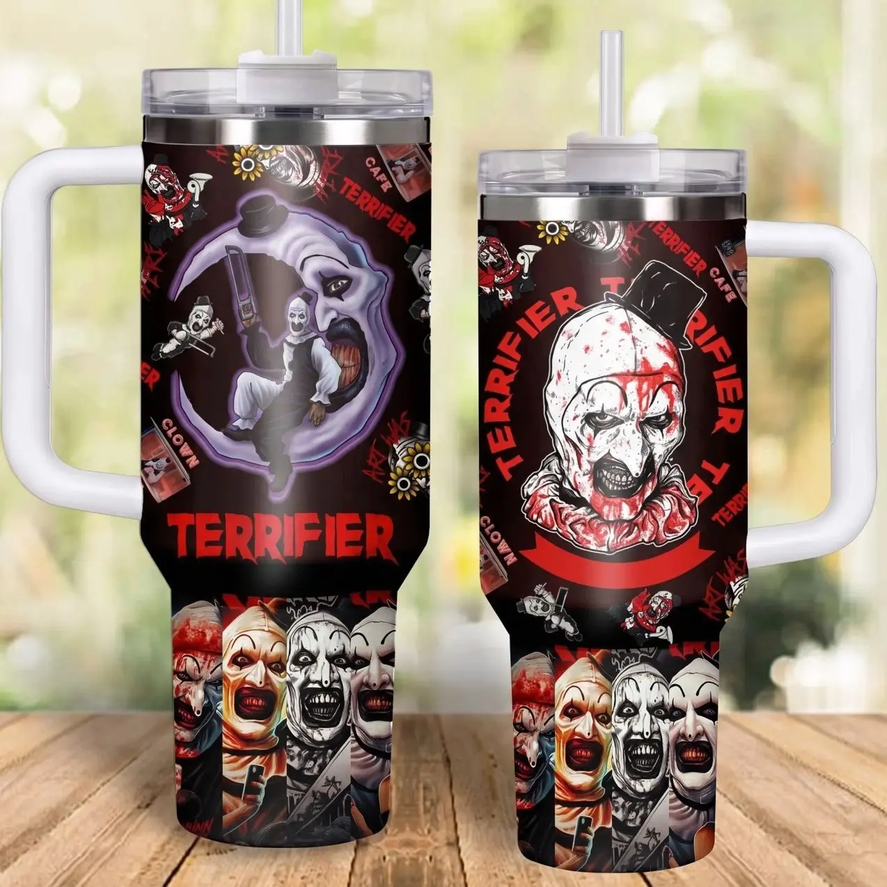 Terrifier Art the Clown Summerween Tumbler with Handle, Slasher Horror Movie 40oz Insulated Travel Mug, Creepy Midyear Halloween Spooky Gift Cup, Stainless Steel Iced Coffee Tumbler, Gory Splatter Film Merch, Unique Birthday Gift for Horror Fans