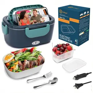 Heated Portable Lunch Box for Adults 12V 24V 110V Car Truck Office 304 Stainless Steel Container with Fork Spoon Carry Bag Leak Proof Design