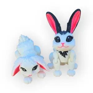 3D Printed Articulated Bunnies - Fantasy-Inspired Design with Poseable Joints, White Base with Pink & Black Accents