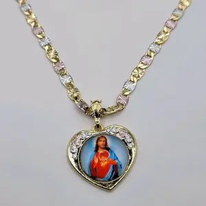 Sacred Hearts of Jesus (Sagrado Corazón de Jesus) Pendant and Chain 3 color 24 inches 5 millimeters Laminated Gold. Gold Plated