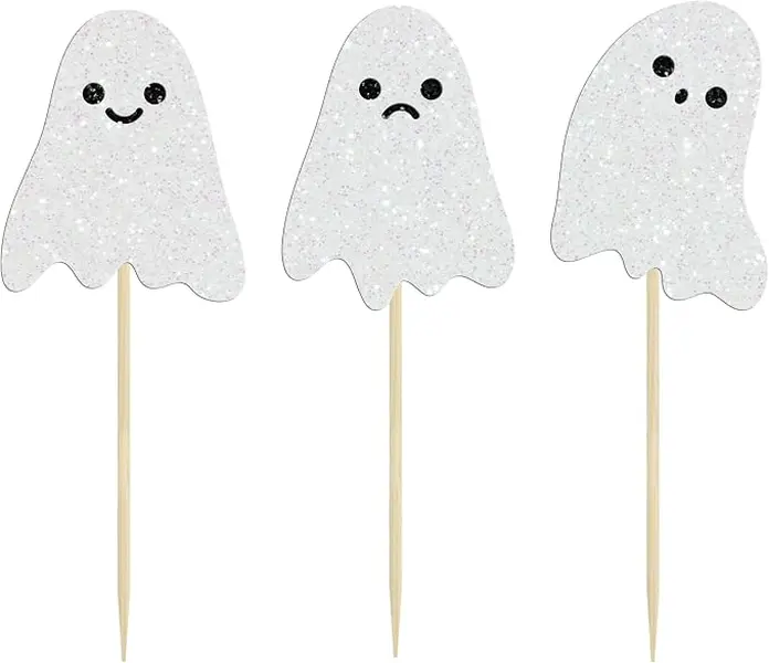 24Pcs Ghost Cupcake Toppers White Glitter Halloween Baby Shower Halloween Cupcake Toppers Ghost Cake Decorations for Birthday Party Decorations