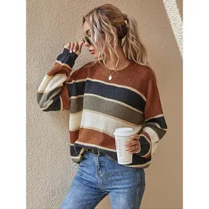 Women’s colorblock striped print drop shoulder sweater, casual long sleeve crew neck jumper for autumn and winter, fashionable soft knitwear for daily wear, womenswear