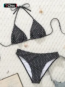 Sexy Polka Dot High-Cut Bikini Set, Summer Beachwear for Young Women, Casual Knitted Halter Two-Piece Swimsuit for Beach Holidays, Halter Neck Bikini