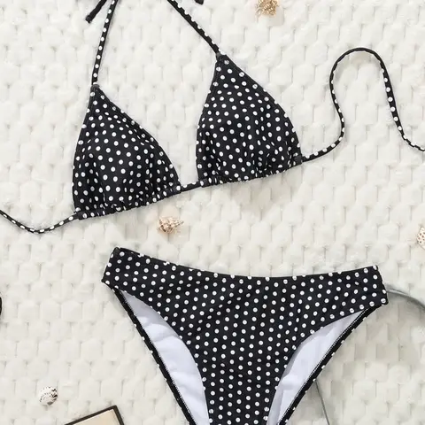 Sexy Polka Dot High-Cut Bikini Set, Summer Beachwear for Young Women, Casual Knitted Halter Two-Piece Swimsuit for Beach Holidays, Halter Neck Bikini, Polka Dot Swimwear, Swimwear Sets, Bikinis Sets