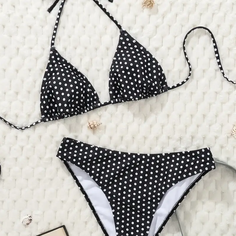 Sexy Polka Dot High-Cut Bikini Set, Summer Beachwear for Young Women, Casual Knitted Halter Two-Piece Swimsuit for Beach Holidays, Halter Neck Bikini, Polka Dot Swimwear, Swimwear Sets, Bikinis Sets