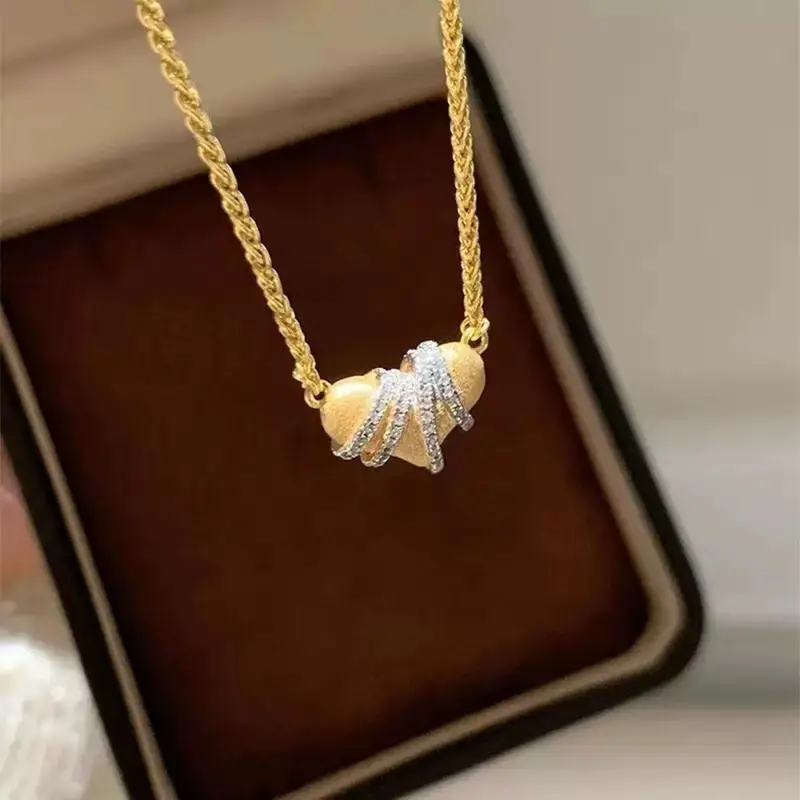 Women's Gold-Tone Matte Textured Heart Pendant Necklace With Wrapped Rhinestone Detail