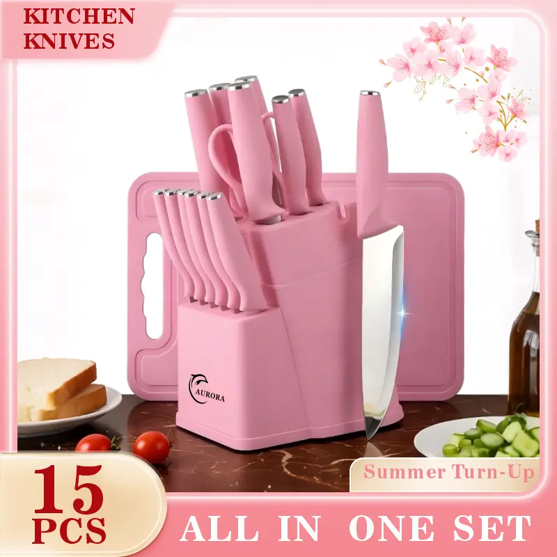 Kitchen Knife Set -15 Pieces, Solid Wooden &Plastic Holder, Chef's Knife,Japanese Knife, Meatand Vegetable Cutter, Chicken Bone Trimmer, GiftSet Utensils Cutting Storage Modern Block HomeMulticolor Stainless Steel German Steak Premium Sharpener with