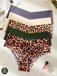 5 Pcs Seamless Women's Briefs, Leopard Print Wavy Edge, Low Waist Comfortable Breathable Daily Underwear, All Seasons, Panties