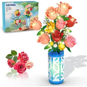 14 Flowers Bouquet Building Set with Vase & LED Light, 747 PCS Mini Roses, Botanical Building Blocks Toy, Mother's Day & Birthday Gift, Home Decor