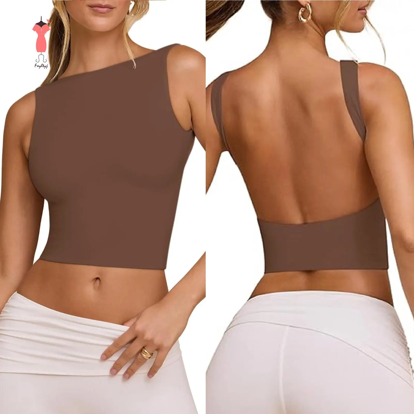 Women's Tank Tops CasualFit Boat Neck Sleeveless Open Back Solid Color Shirt for Summer