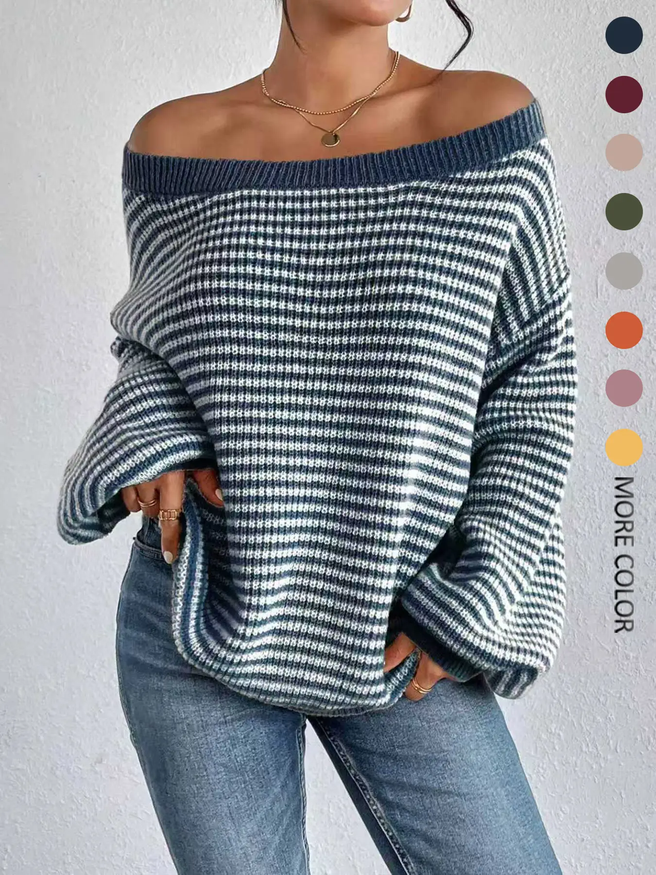 Women's Striped Drop Shoulder Sweater, Casual Bishop Sleeve Boat Neck Jumper for Daily Outdoor Wear, Ladies Knitwear for All Seasons