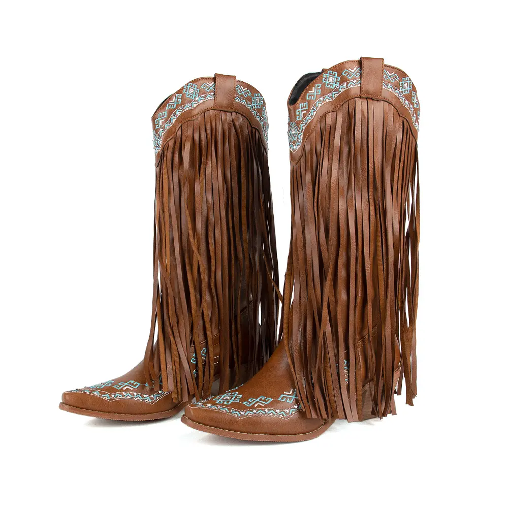 Women's Vintage Embroidered Cowboy Boots with Tassels, Mid-Calf Texas Boot in PU & Rubber for Cowgirl Fashion, Embroidery, Western Elegance, Country Girl Aesthetic, Synthetic, Casual, Shoe, Footwear, 7.5Cm, Rodeo Outfit Inspo, Slip-Resistant, Country Conc