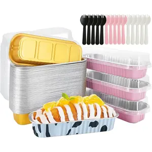 50 PCS Multiple colors Mini Loaf Pans with Lids and Spoons, 6.8oz Mini Cake Pans for Baking, Disposable Mini Aluminum Foil Loaf Pans, Pink Mini Loaf Baking Pans for Party Individual Serving.