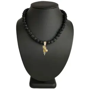 Iced Bling Disco Ball Rhinestone Crystal Beaded Baseball Drip Black Necklace + Jesus Prayer Hands
