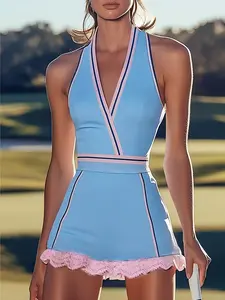 Elegant Colorblock Halter Sporty Dress, Lace Hem, Loose Fit, V Neck, Anti-Slip, School Style, Tennis Skirt, Badminton Skirt, Golf Skirt, Tennis Sports Dress