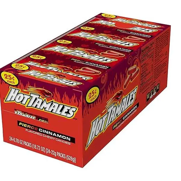 MIKE AND IKE Hot Tamales Cinnamon-Taste Chewy Candies, 1 Box of 24 .78oz Candy Packs, Low-Fat Spicy-Flavor Snacks, Corn-Based Elements, Unique Taste