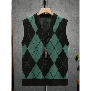 Men's Colorblock Argyle Pattern V Neck Sweater Vest, Casual Sleeveless Jumper Vest for Spring & Fall, Fashion Men's Knit Clothing for Daily Wear, Tops