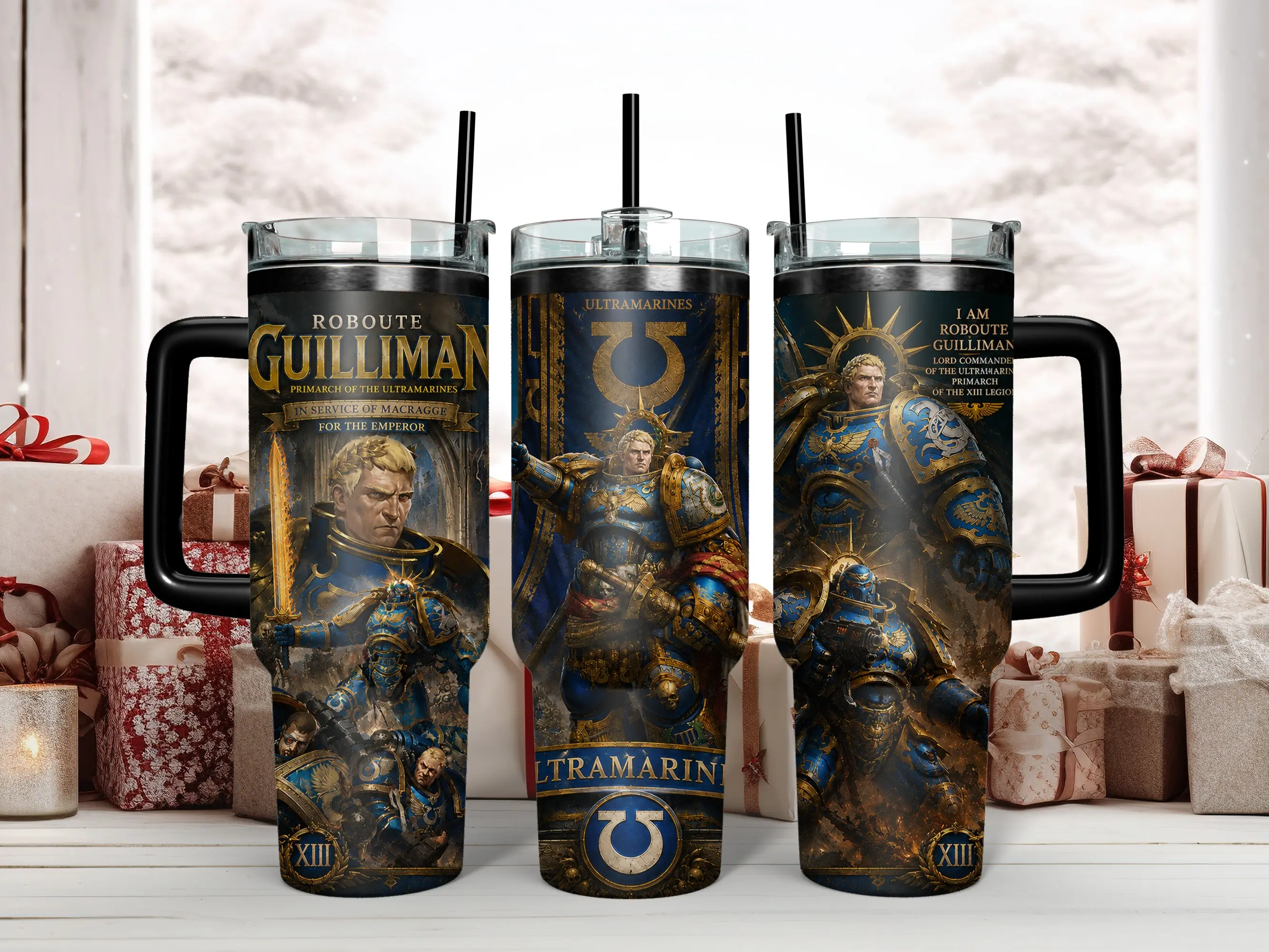 Warhammer 40K Roboute Guilliman Primarch of the Ultramarines 40oz Insulated Stainless Steel Tumbler - Epic Lord Commander Space Marine Art Travel Mug with Handle & Straw - Perfect Grimdark Gift for Tabletop Gamers