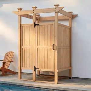 FUFU&GAGA Outdoor Shower Enclosure with Lockable Door, Privacy Free Standing Outside Shower Stall with Corner Storage Shelves & 4 Hooks, Cedar Wood Outdoor Bathroom for Pool & Beach, Natural
