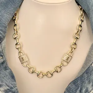 Locked in 14k Gold Plated Paved Lock on Horsebit Link Chain Necklace and Bracelet Jewelry Set for Women