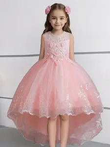 Girl's Contrast Mesh Faux Pearls Decor Floral Appliques Sequin High Low Hem Tulle Party Dress, Elegant Sleeveless Zipper Back A Line Dress for Party Performance Wedding Guest, Kids Clothes for All Seasons, Embroidered Tulle Dress