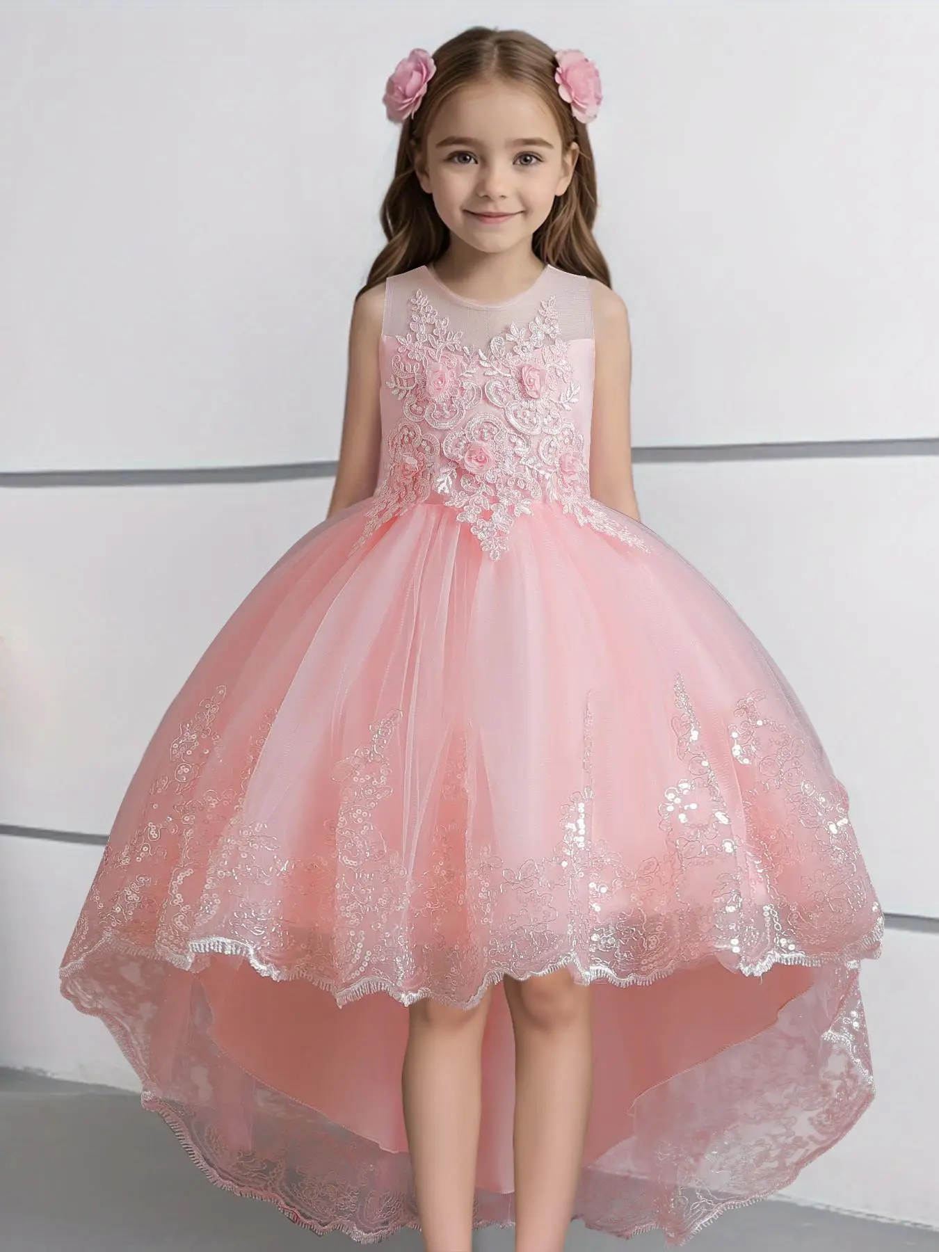 Girl's Contrast Mesh Faux Pearls Decor Floral Appliques Sequin High Low Hem Tulle Party Dress, Elegant Sleeveless Zipper Back A Line Dress for Party P