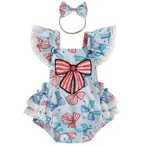 Newborn Baby Girl 4th of July Outfit Bow Embroidered Lace Ruffle Romper 1st Fourth of July Bodysuit Independence Day Clothes